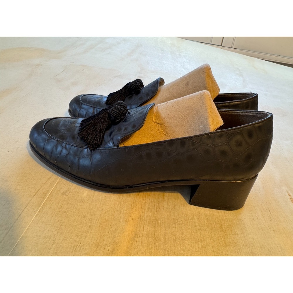 Stuart Weitzman Loafer Shoes Womens 6.5M Black Leather Heel Croc Embossed Tassel - Picture 4 of 10